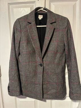 J Crew Womens Grey Glen Plaid One Button Wool Blend Blazer Jacket Career Size 2